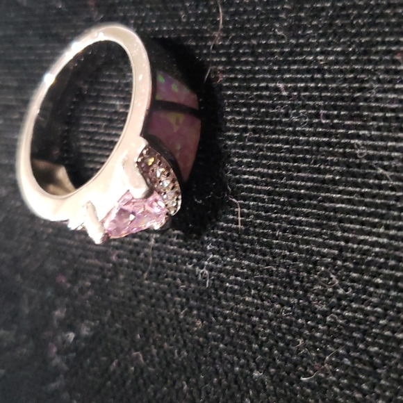 Silver Tone Ring with Inlaid Abalone & Heart Shaped Pink Sapphire on CZ Stones - Picture 3 of 6